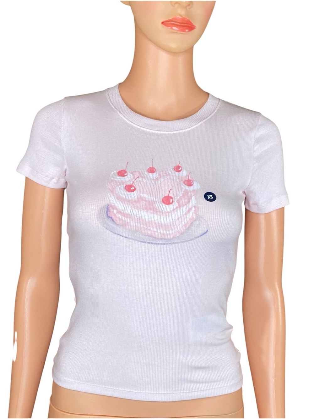 Hollister Short Sleeve Baby Doll Tee Cake Graphic NWT Stretchy Cropped Ribbed XS